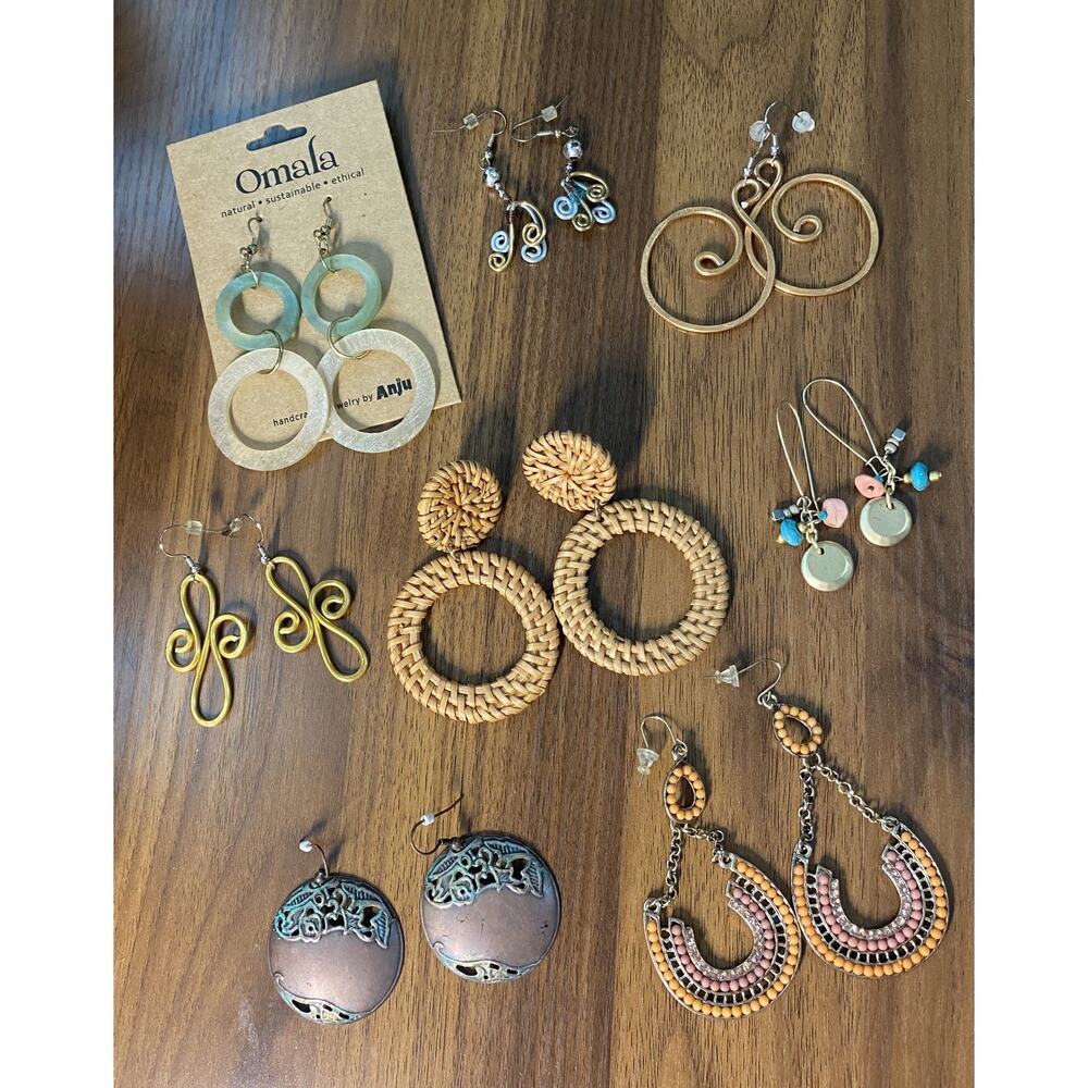 Lot of 8 Pairs Boho Costume Earrings Statement Dangle Drop Chunky Retro, Rattan